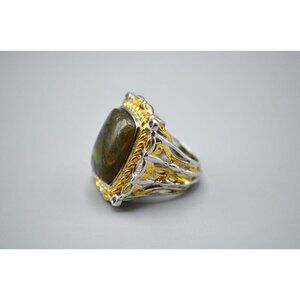 Cocktail Ring Green Stone Sterling Silver 925 NH Vermeil Size 7 Moss Agate?